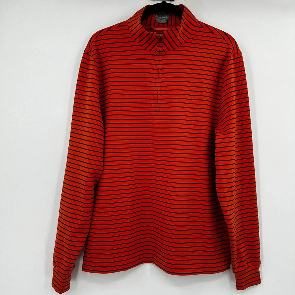 Fennec Mens Quarter Zip Pullover Orange Navy Striped Golf Shirt Size Medium